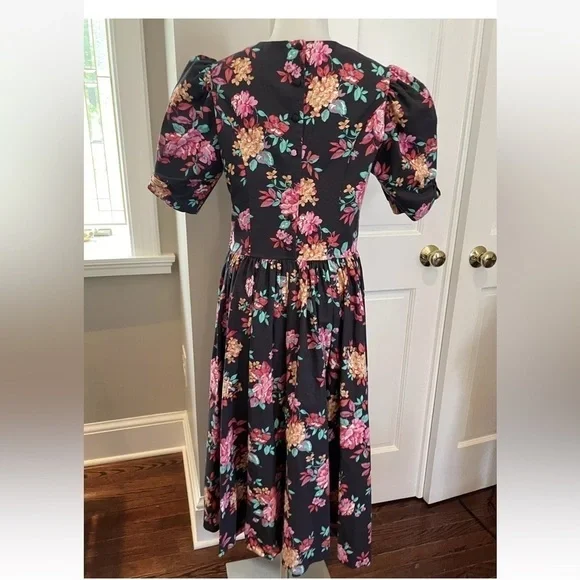 Laura Ashley prairie Floral black Dress with Pink and green Accents puff sleeve - Picture 9 of 13